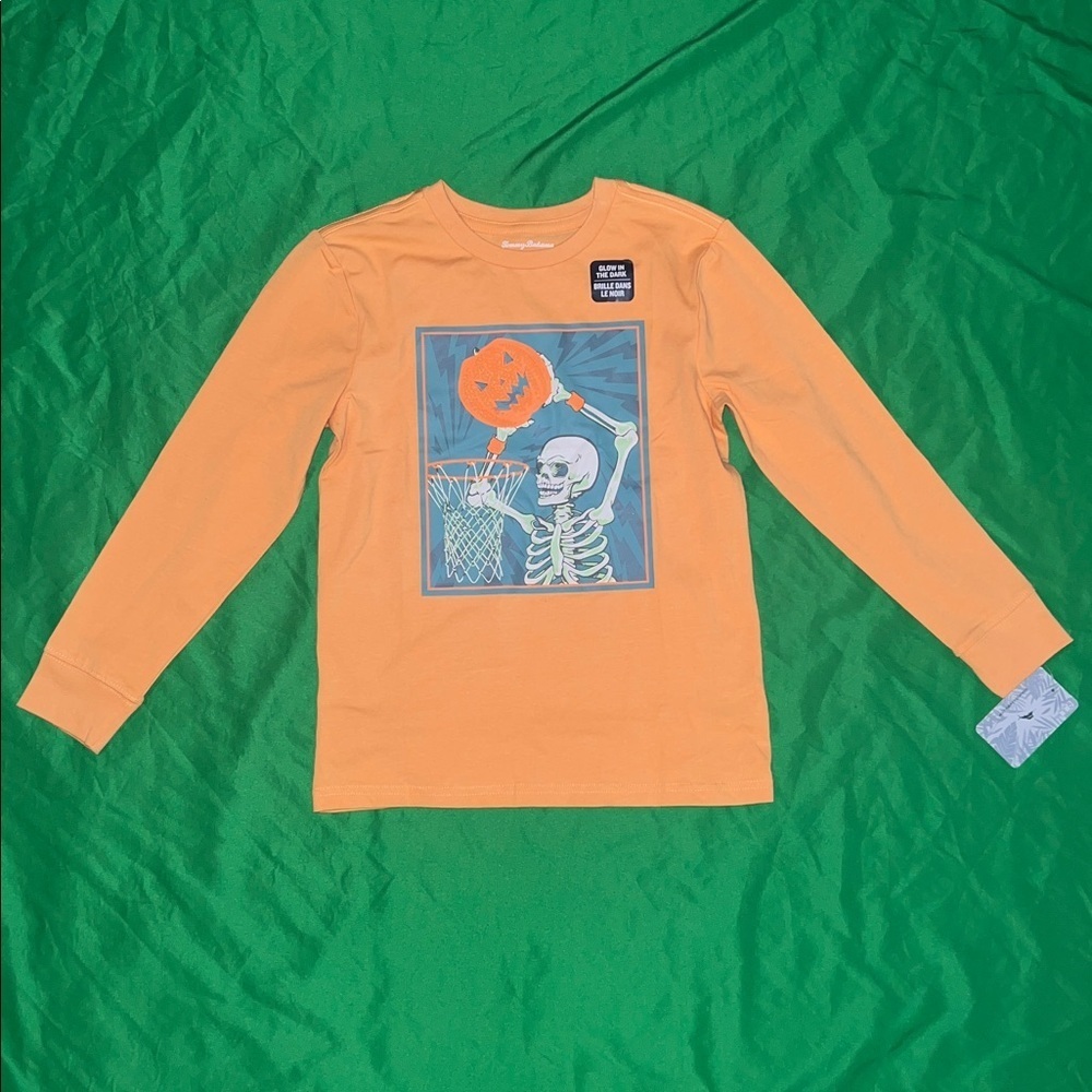 NWT Tommy Bahama Kids Orange Long Sleeve Shirt with Skeleton Graphic size 7/8